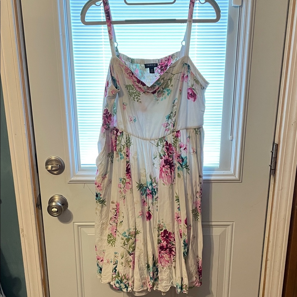 Torrid White Floral Dress with Pink and Green